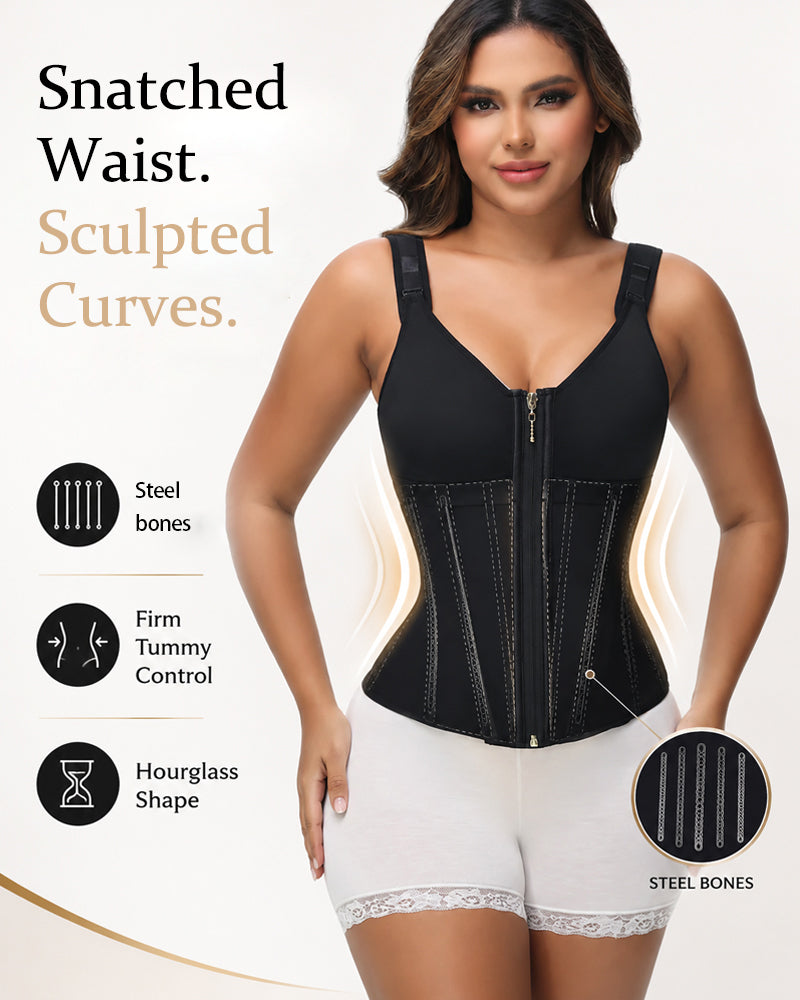 Women's Boned Latex Zipper Corset Tummy Control Body Shaper Vest With Bra