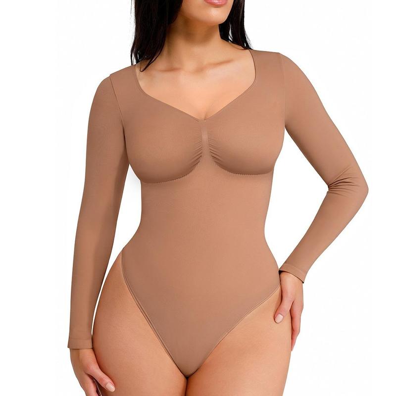 Women's Seamless Shaping Long Sleeve Thong Comfortable Bodysuit for Tops and Underwear Lady Comfort Basic