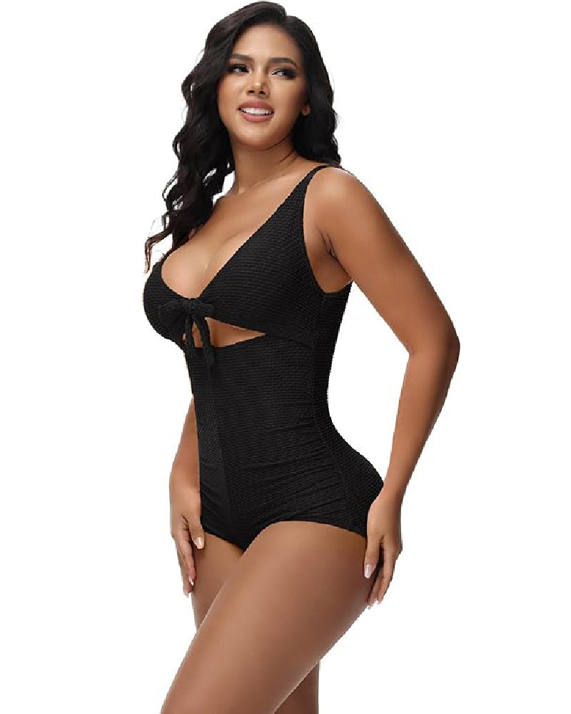 Women's Tummy Control Shapewear Swimsuit, Cutout Front Tie Knot Push Up Monokini Bathing Suit with Removable Pads, Hourglass Silhouette