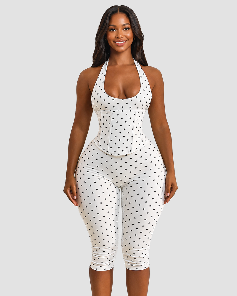 Hourglass Figure Body Shaper Waist Cincher Polka Dot Capri Jumpsuit Two-Piece Set